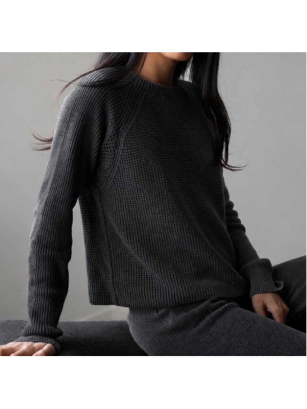 New Lunya Charcoal Waffle Knit Crew Neck Sweater L Cotton Alpaca